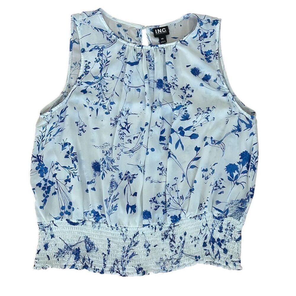 I.N.C. Women's 2XL Blue Floral Sleeveless Smocked Blouse Casual